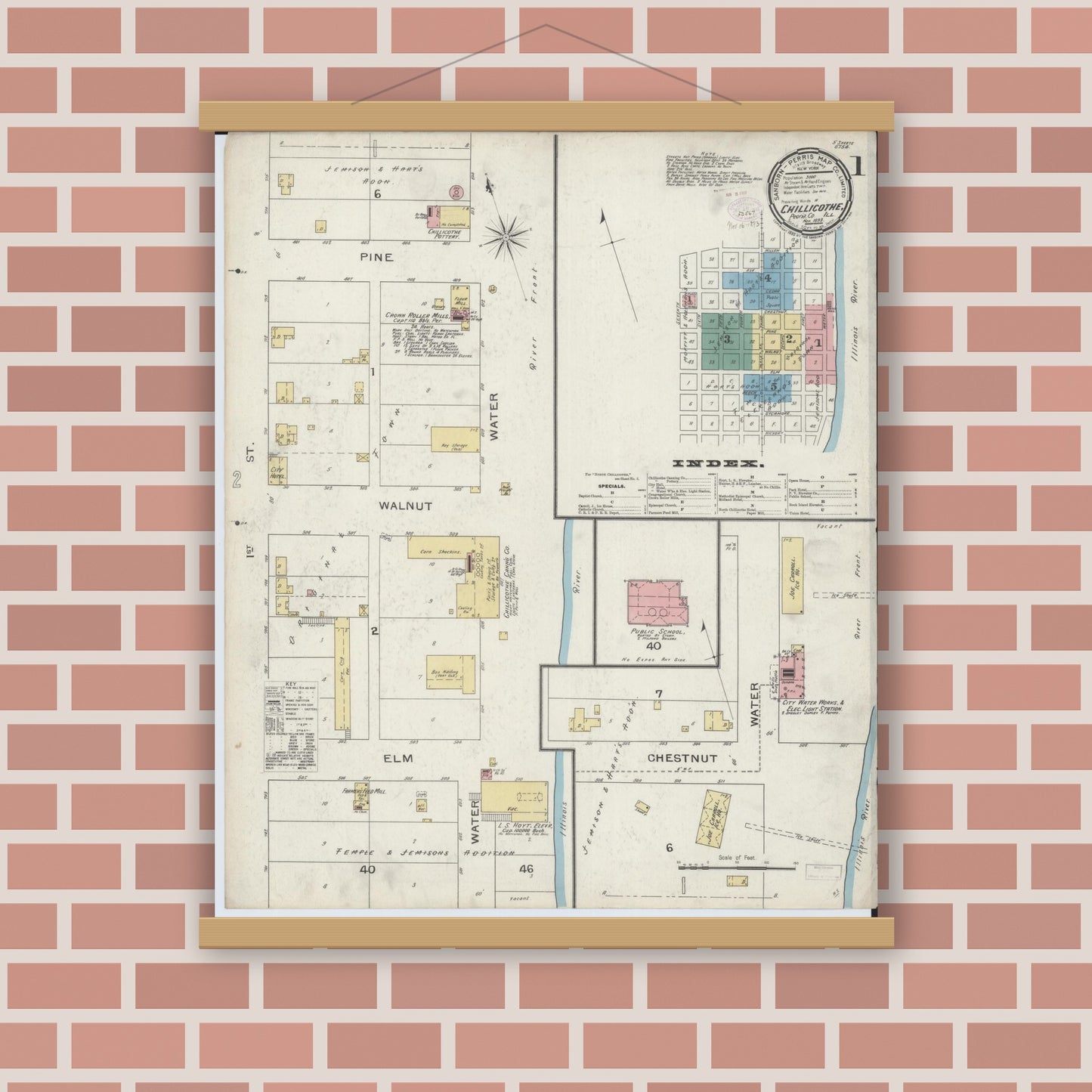 Old map wall art mockup — magnetic wood frame on brick wall — Sanborn Fire Insurance Map from Chillicothe, Peoria County, Illinois (1893), Sheet #0001