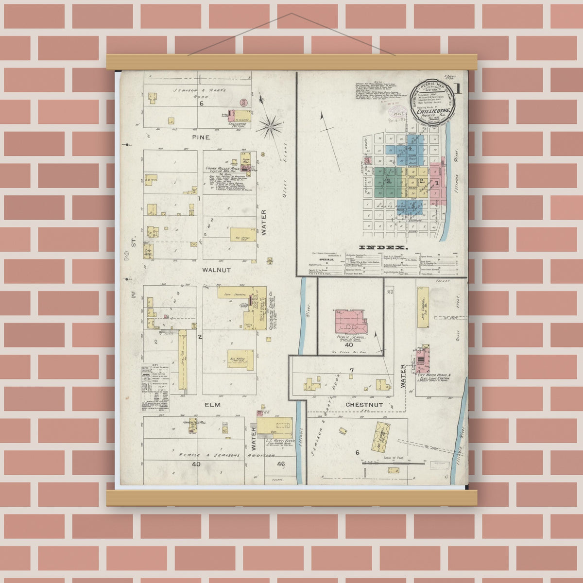 Old map wall art mockup — magnetic wood frame on brick wall — Sanborn Fire Insurance Map from Chillicothe, Peoria County, Illinois (1893), Sheet #0001