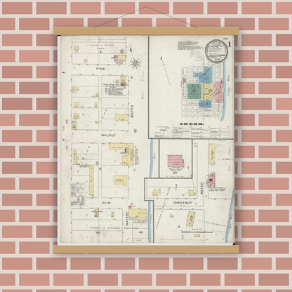 Old map wall art mockup — magnetic wood frame on brick wall — Sanborn Fire Insurance Map from Chillicothe, Peoria County, Illinois (1893), Sheet #0001