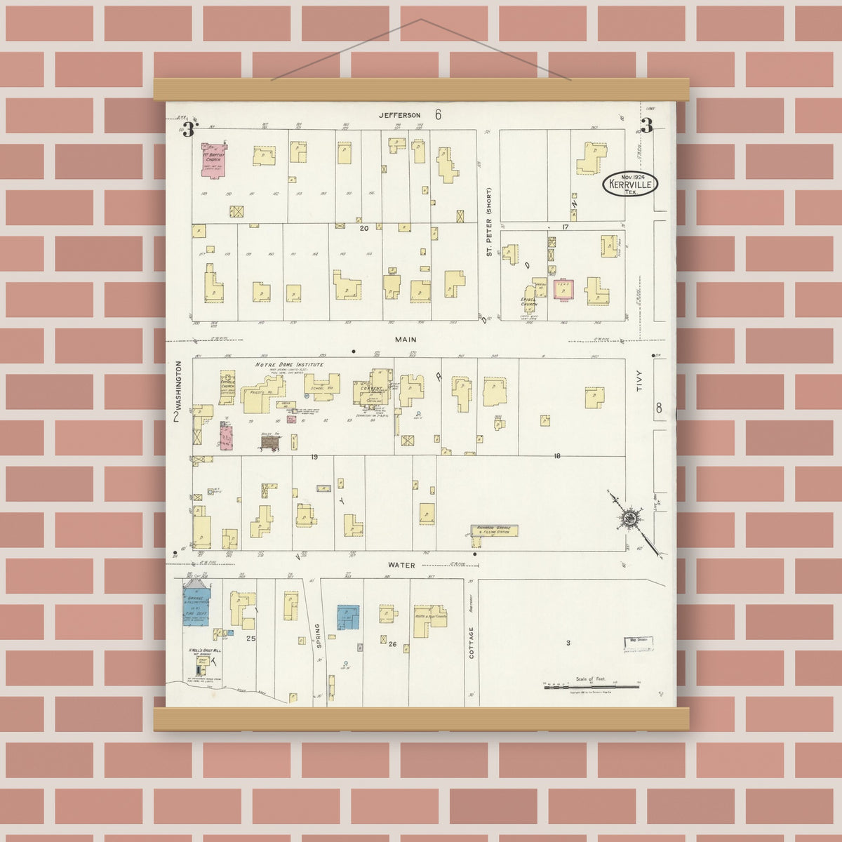 Old map wall art mockup — magnetic wood frame on brick wall — Sanborn Fire Insurance Map from Kerrville, Kerr County, Texas (1924), Sheet #0003