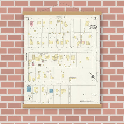 Old map wall art mockup — magnetic wood frame on brick wall — Sanborn Fire Insurance Map from Kerrville, Kerr County, Texas (1924), Sheet #0003