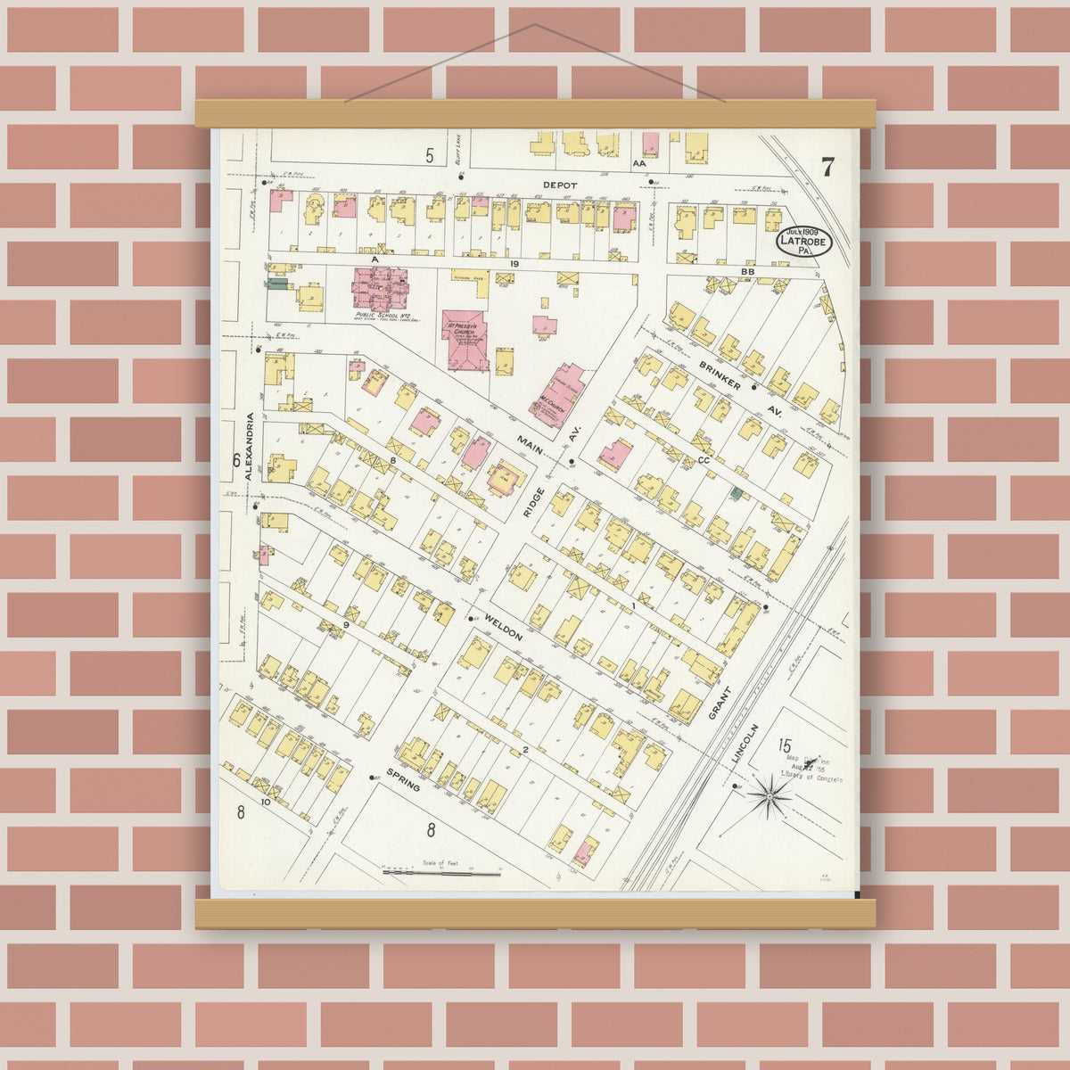 Old map wall art mockup — magnetic wood frame on brick wall — Sanborn Fire Insurance Map from Latrobe, Westmoreland County, Pennsylvania (1909), Sheet #0007