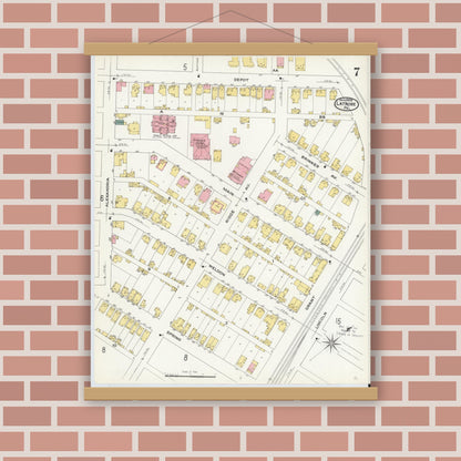 Old map wall art mockup — magnetic wood frame on brick wall — Sanborn Fire Insurance Map from Latrobe, Westmoreland County, Pennsylvania (1909), Sheet #0007