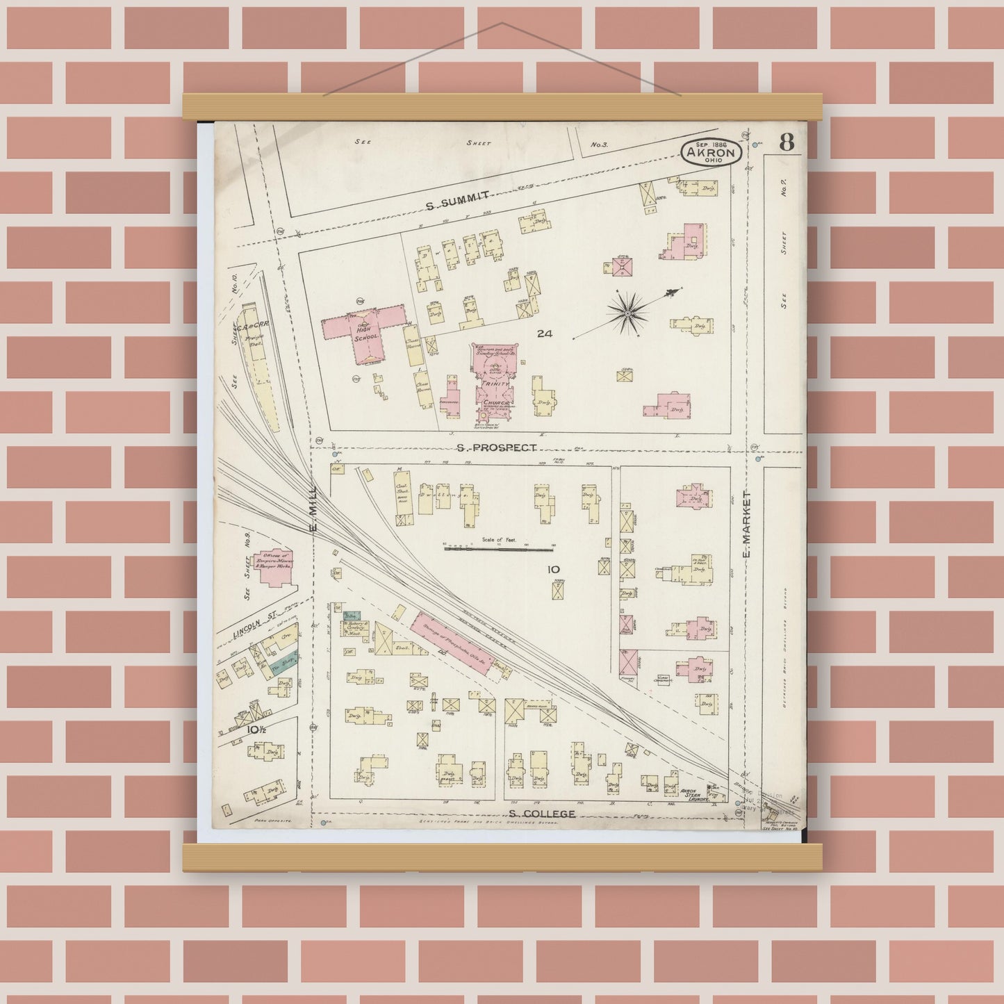Old map wall art mockup — magnetic wood frame on brick wall — Sanborn Fire Insurance Map from Akron, Summit County, Ohio (1886), Sheet #0008