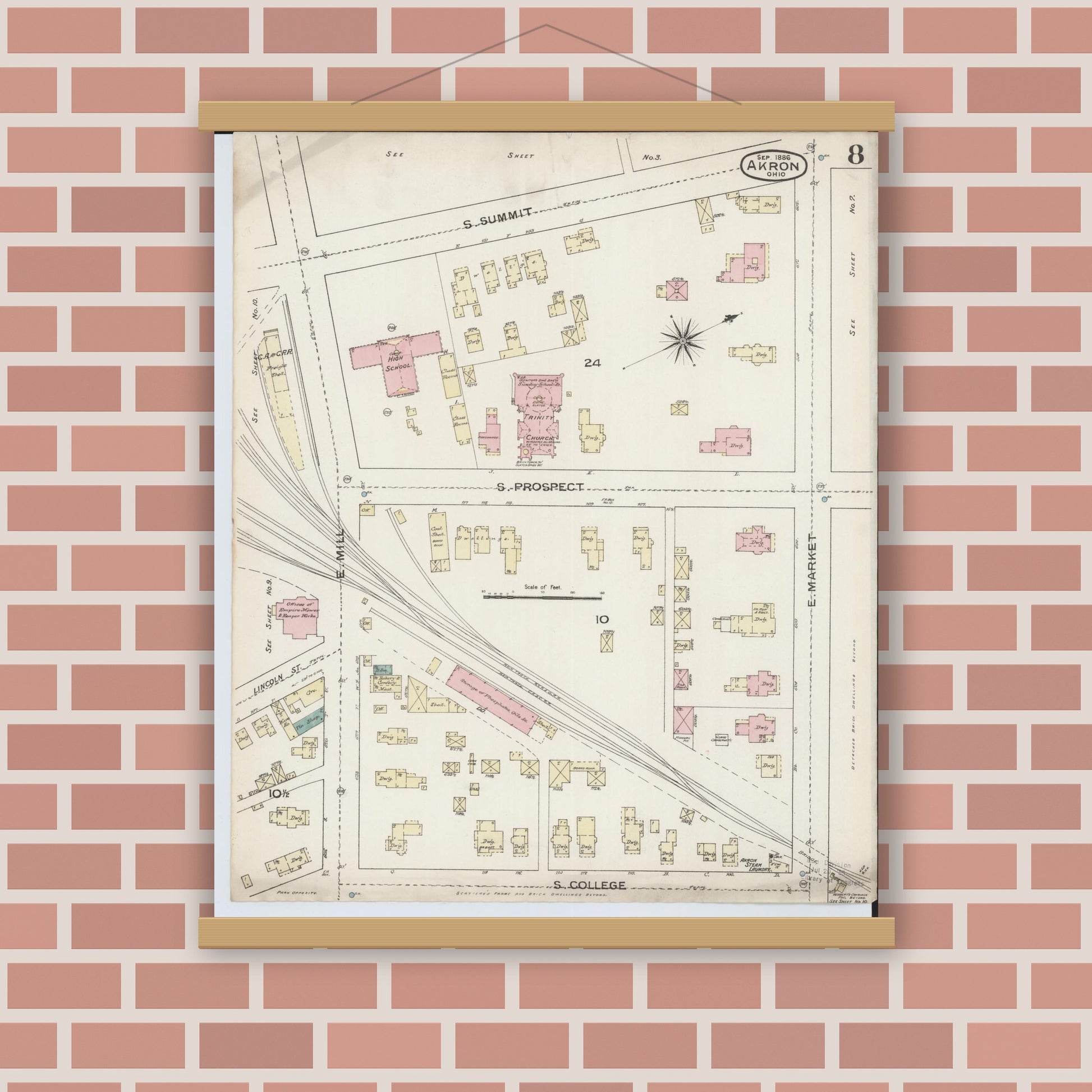 Old map wall art mockup — magnetic wood frame on brick wall — Sanborn Fire Insurance Map from Akron, Summit County, Ohio (1886), Sheet #0008