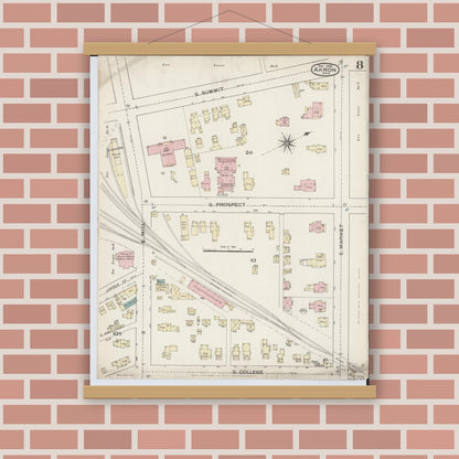Old map wall art mockup — magnetic wood frame on brick wall — Sanborn Fire Insurance Map from Akron, Summit County, Ohio (1886), Sheet #0008