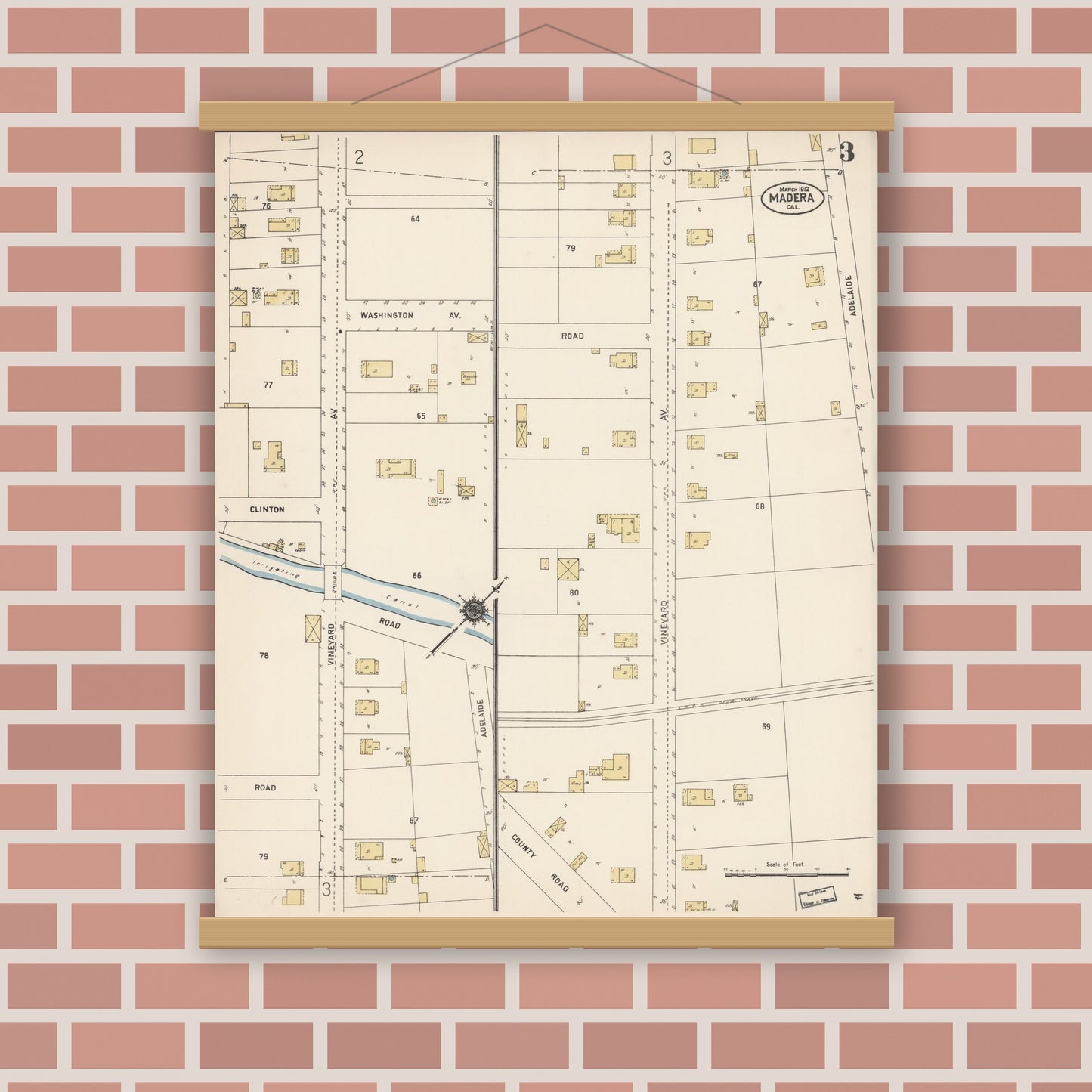 Old map wall art mockup — magnetic wood frame on brick wall — Sanborn Fire Insurance Map from Madera, Madera County, California (1912), Sheet #0003