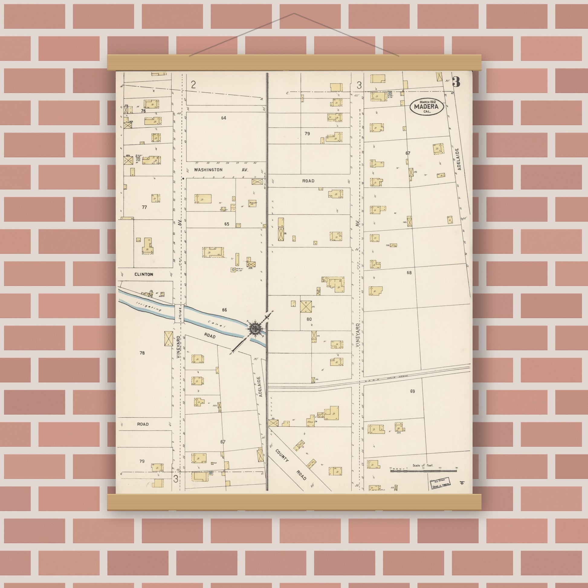 Old map wall art mockup — magnetic wood frame on brick wall — Sanborn Fire Insurance Map from Madera, Madera County, California (1912), Sheet #0003