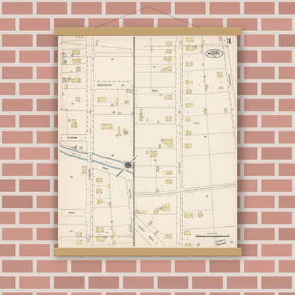 Old map wall art mockup — magnetic wood frame on brick wall — Sanborn Fire Insurance Map from Madera, Madera County, California (1912), Sheet #0003