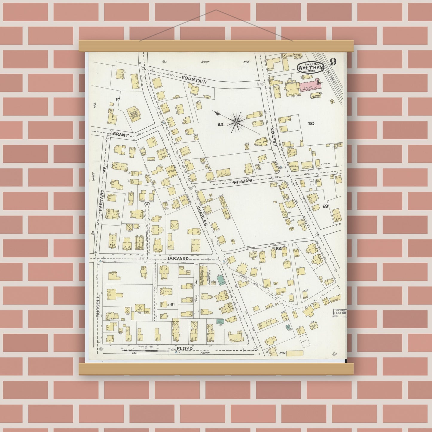 Old map wall art mockup — magnetic wood frame on brick wall — Sanborn Fire Insurance Map from Waltham, Middlesex County, Massachusetts (1892), Sheet #0009