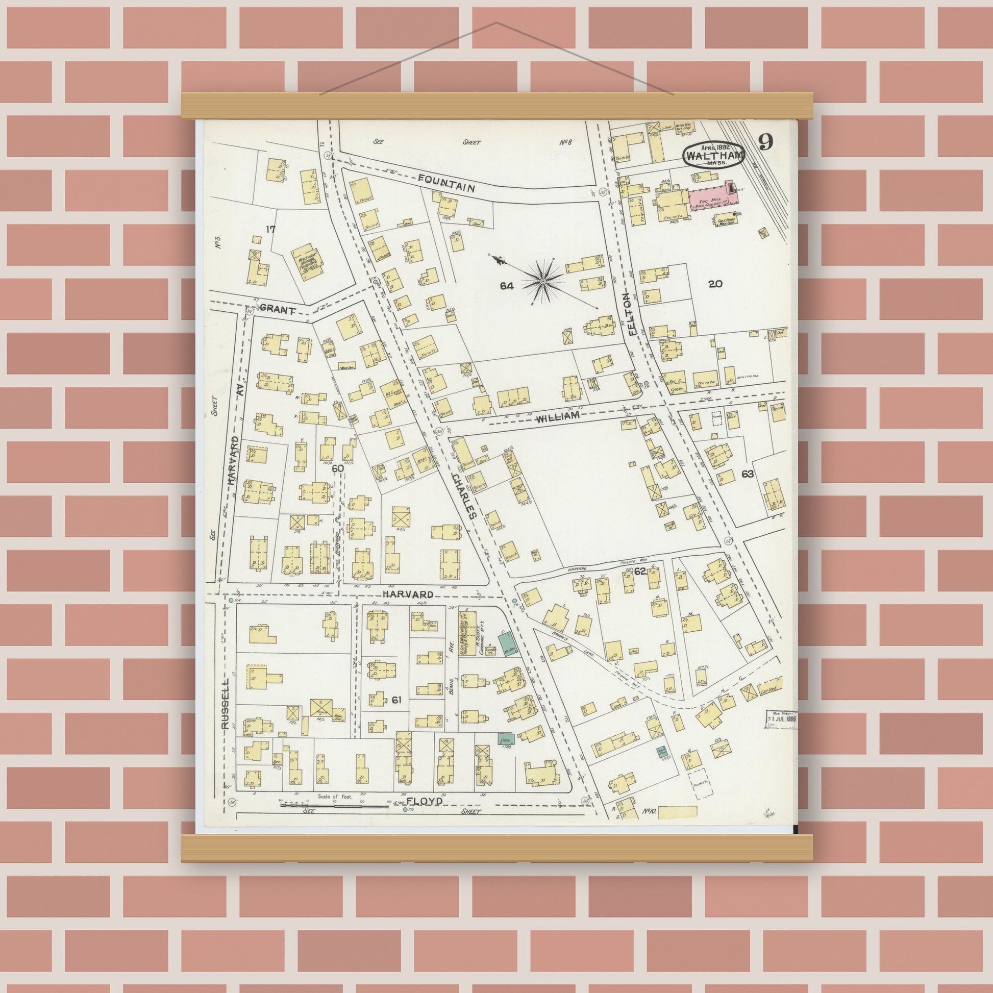 Old map wall art mockup — magnetic wood frame on brick wall — Sanborn Fire Insurance Map from Waltham, Middlesex County, Massachusetts (1892), Sheet #0009