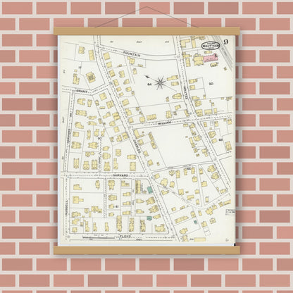 Old map wall art mockup — magnetic wood frame on brick wall — Sanborn Fire Insurance Map from Waltham, Middlesex County, Massachusetts (1892), Sheet #0009