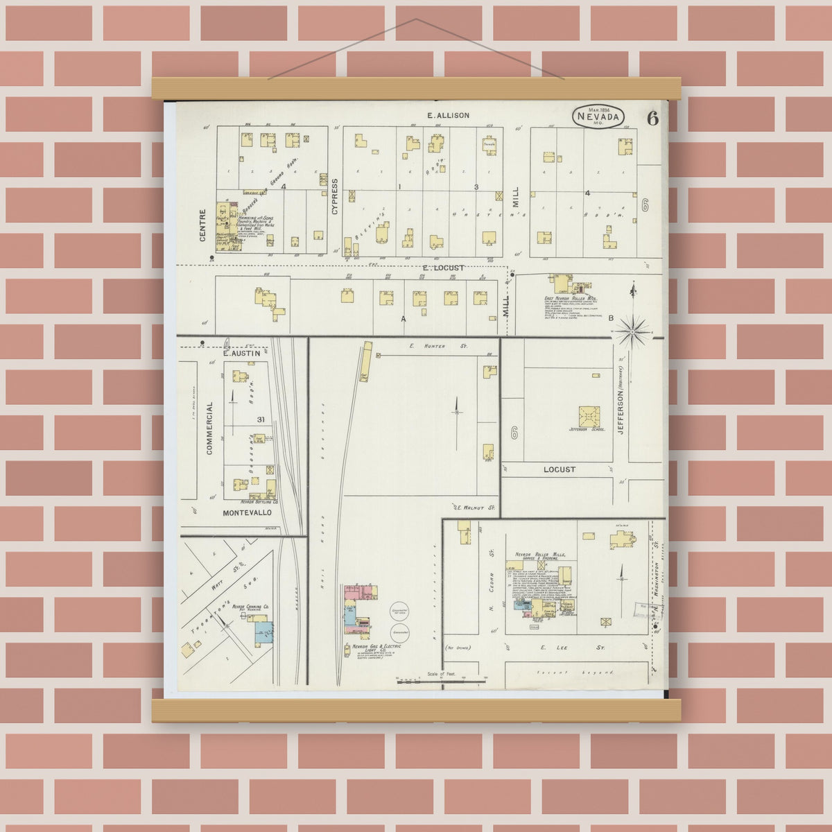 Old map wall art mockup — magnetic wood frame on brick wall — Sanborn Fire Insurance Map from Nevada, Vernon County, Missouri (1894), Sheet #0006