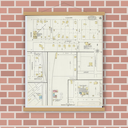 Old map wall art mockup — magnetic wood frame on brick wall — Sanborn Fire Insurance Map from Nevada, Vernon County, Missouri (1894), Sheet #0006