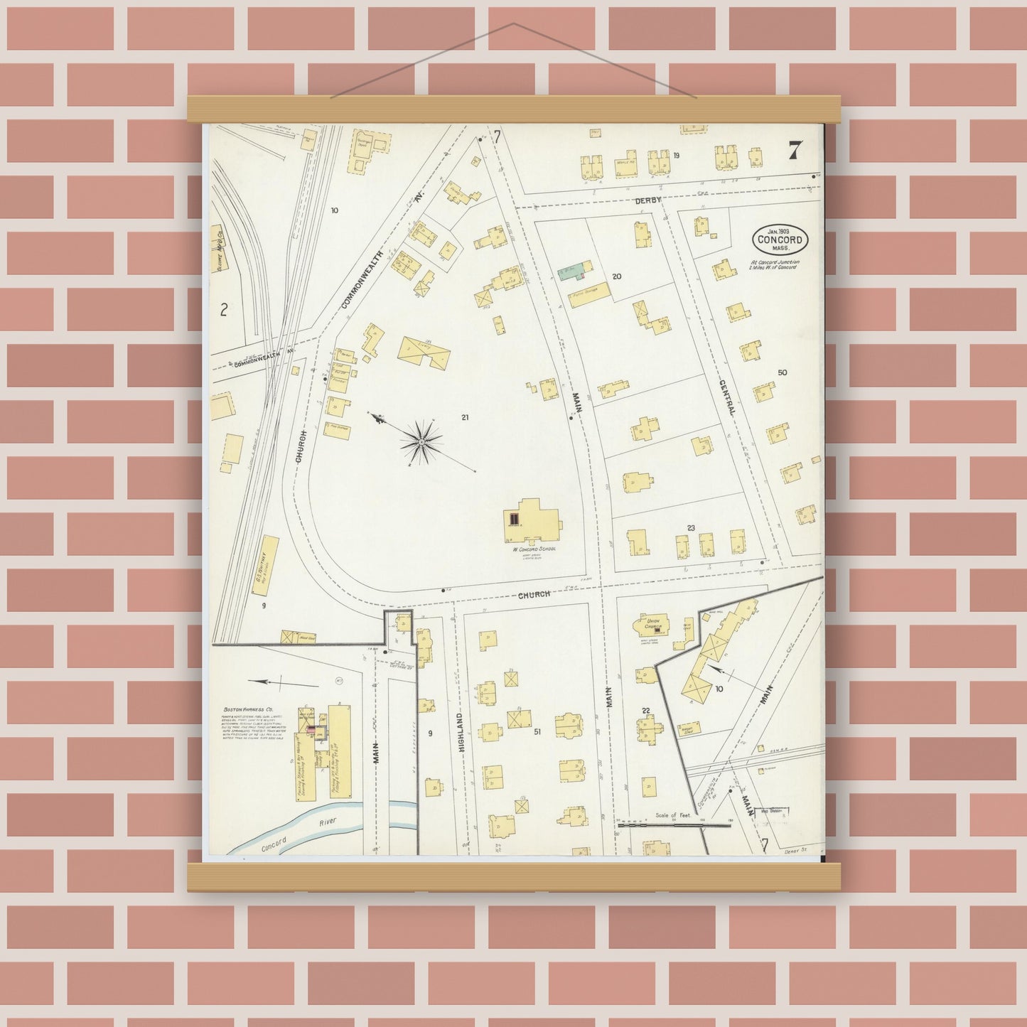 Old map wall art mockup — magnetic wood frame on brick wall — Sanborn Fire Insurance Map from Concord, Middlesex County, Massachusetts (1903), Sheet #0007