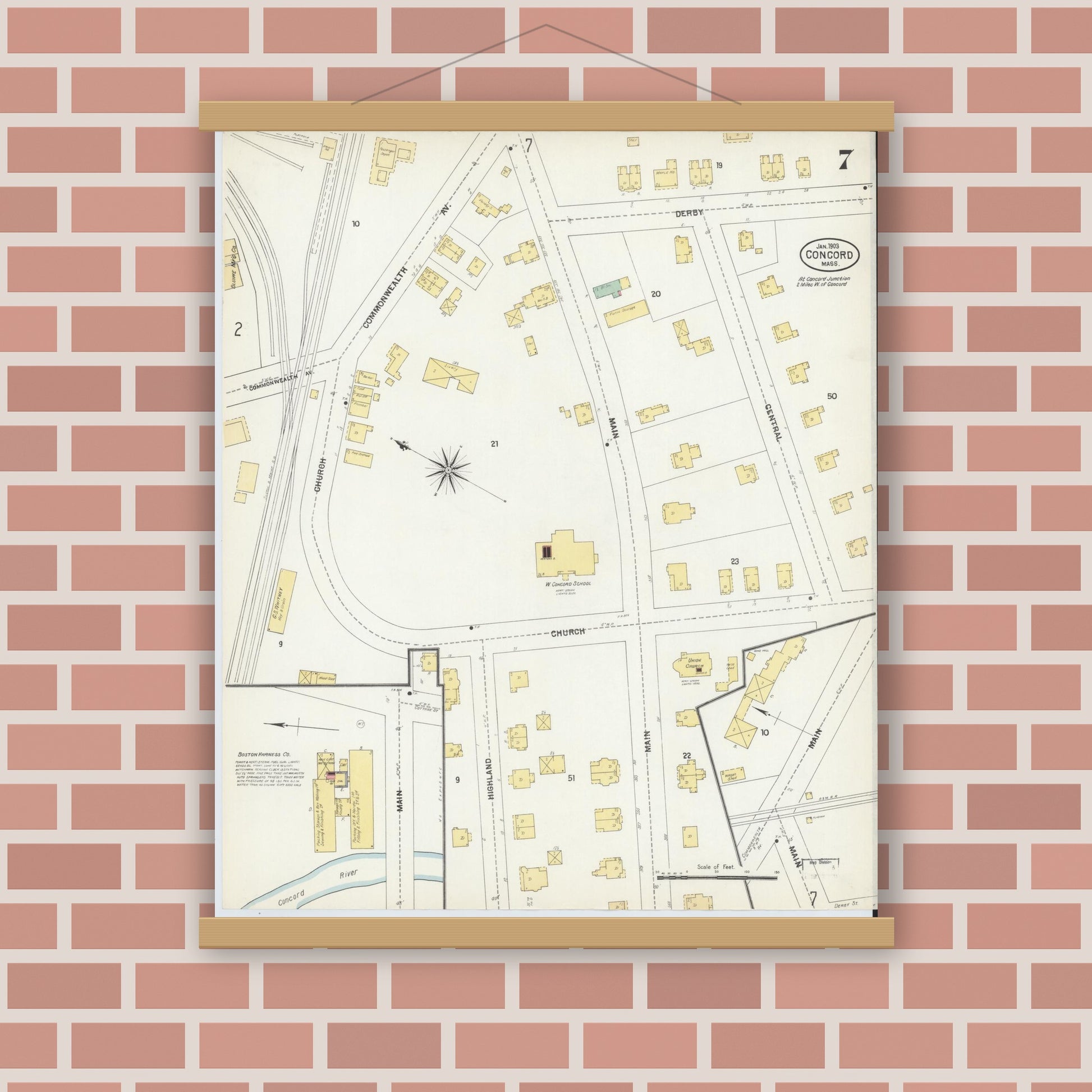 Old map wall art mockup — magnetic wood frame on brick wall — Sanborn Fire Insurance Map from Concord, Middlesex County, Massachusetts (1903), Sheet #0007