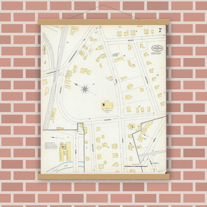 Old map wall art mockup — magnetic wood frame on brick wall — Sanborn Fire Insurance Map from Concord, Middlesex County, Massachusetts (1903), Sheet #0007