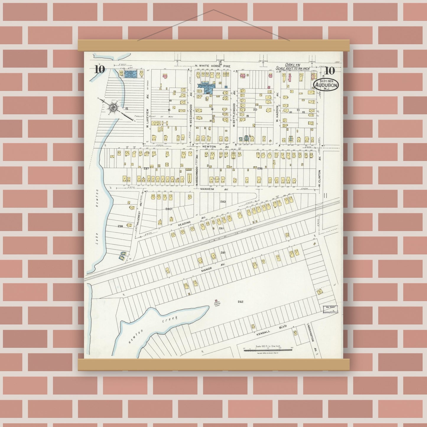 Old map wall art mockup — magnetic wood frame on brick wall — Sanborn Fire Insurance Map from Audubon, Camden County, New Jersey (1924), Sheet #0010
