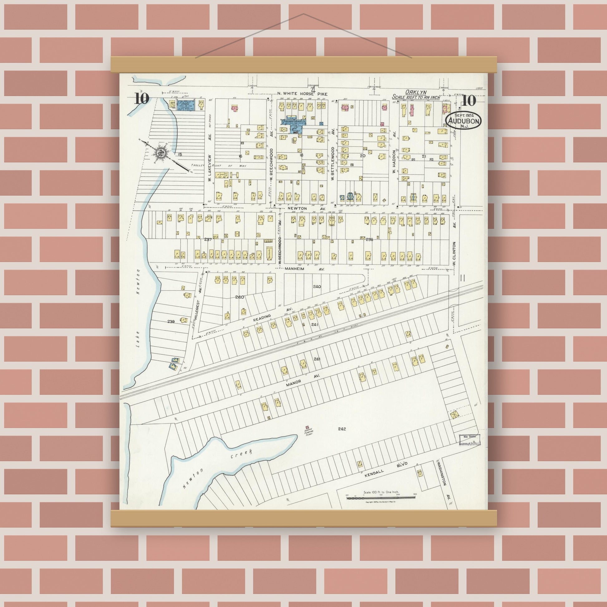 Old map wall art mockup — magnetic wood frame on brick wall — Sanborn Fire Insurance Map from Audubon, Camden County, New Jersey (1924), Sheet #0010
