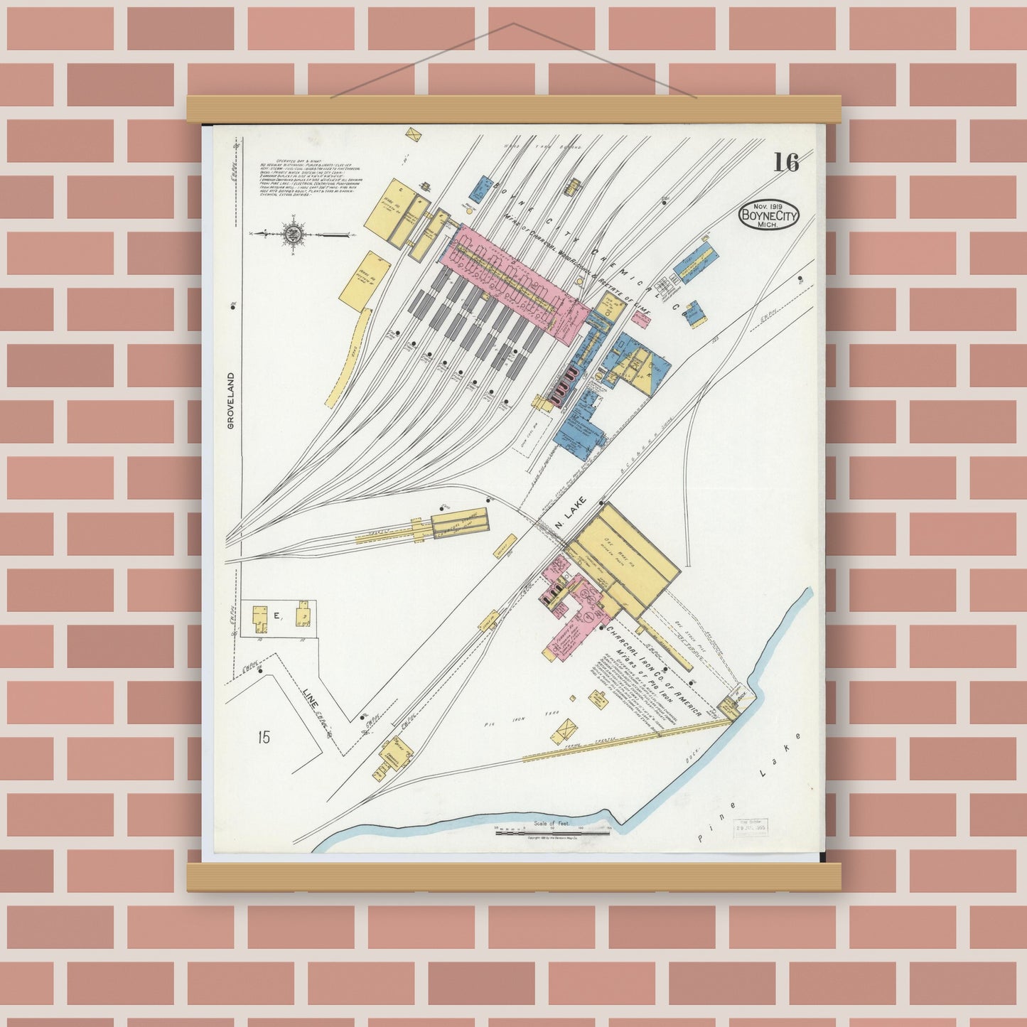 Old map wall art mockup — magnetic wood frame on brick wall — Sanborn Fire Insurance Map from Boyne City, Charlevoix County, Michigan (1919), Sheet #0016