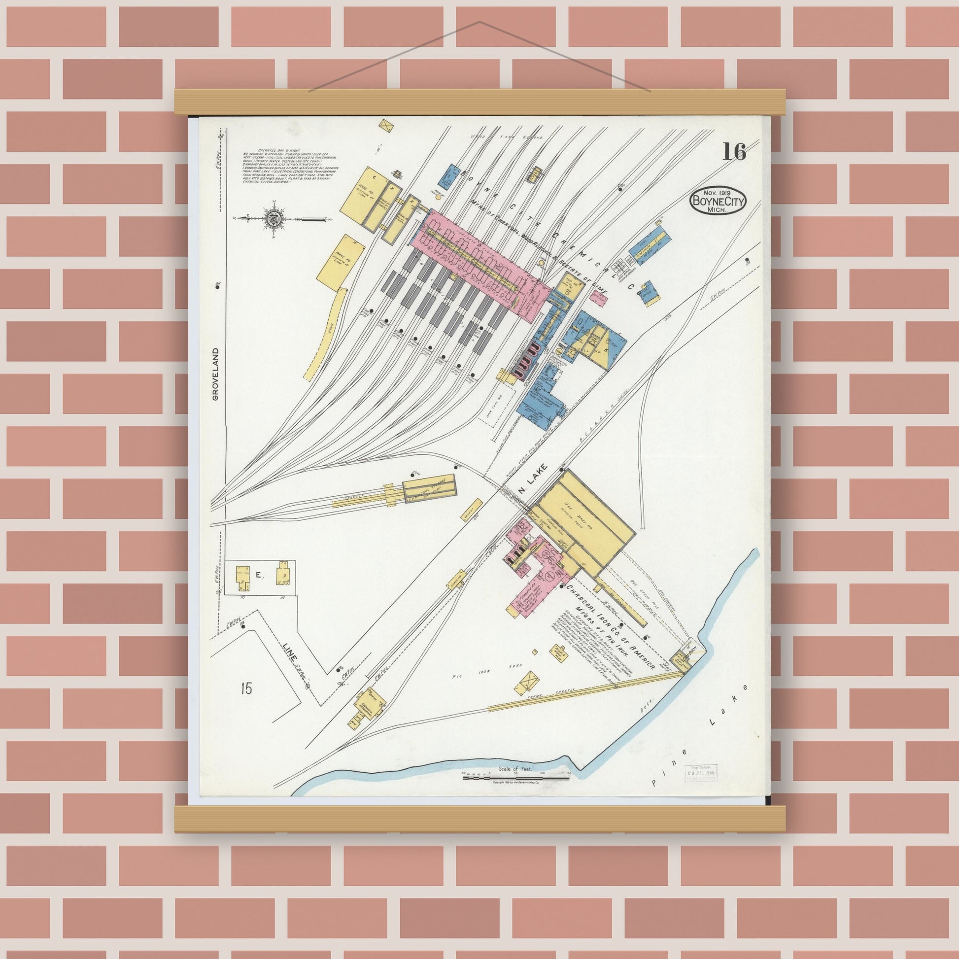 Old map wall art mockup — magnetic wood frame on brick wall — Sanborn Fire Insurance Map from Boyne City, Charlevoix County, Michigan (1919), Sheet #0016