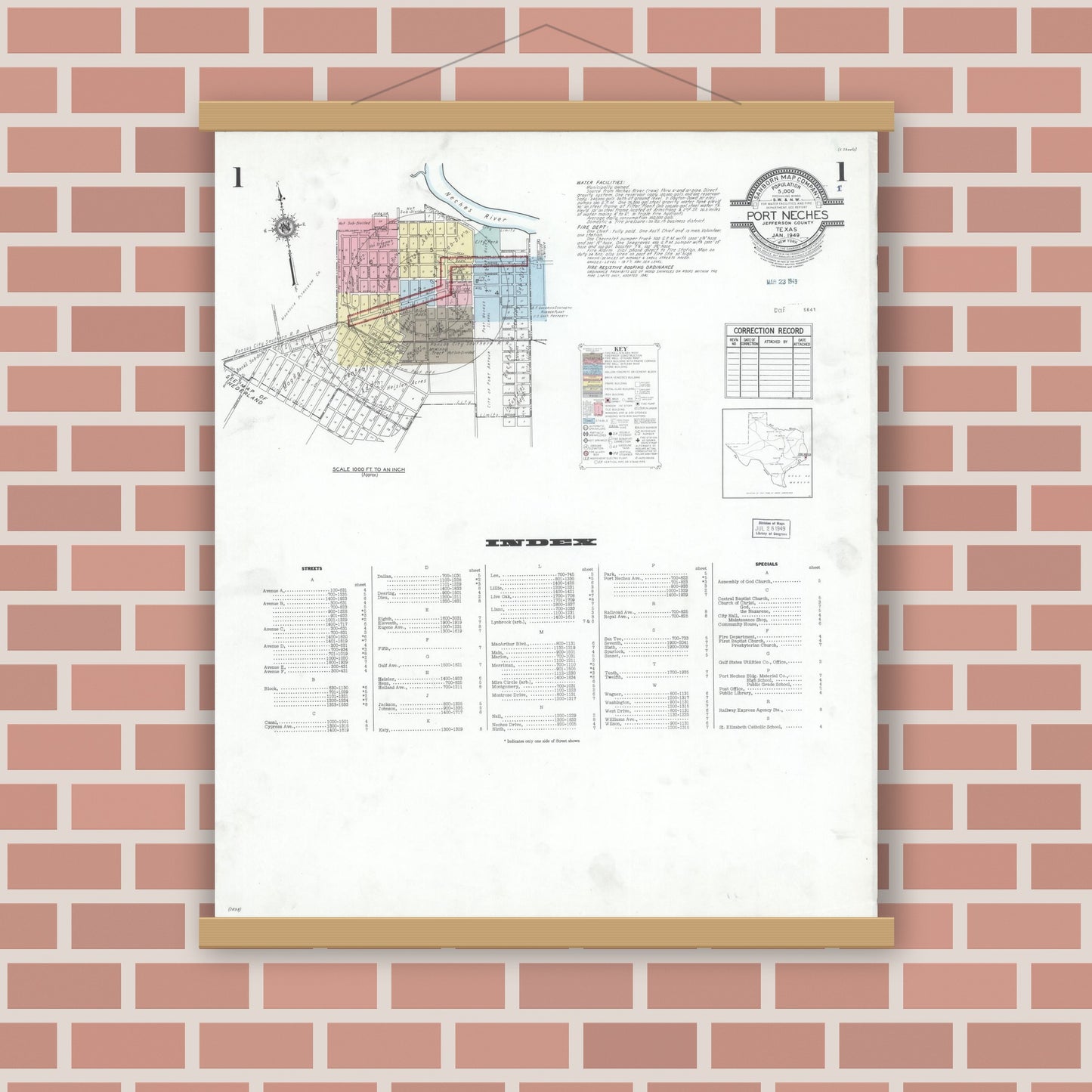 Old map wall art mockup — magnetic wood frame on brick wall — Sanborn Fire Insurance Map from Port Neches, Jefferson County, Texas (1949), Sheet #0001
