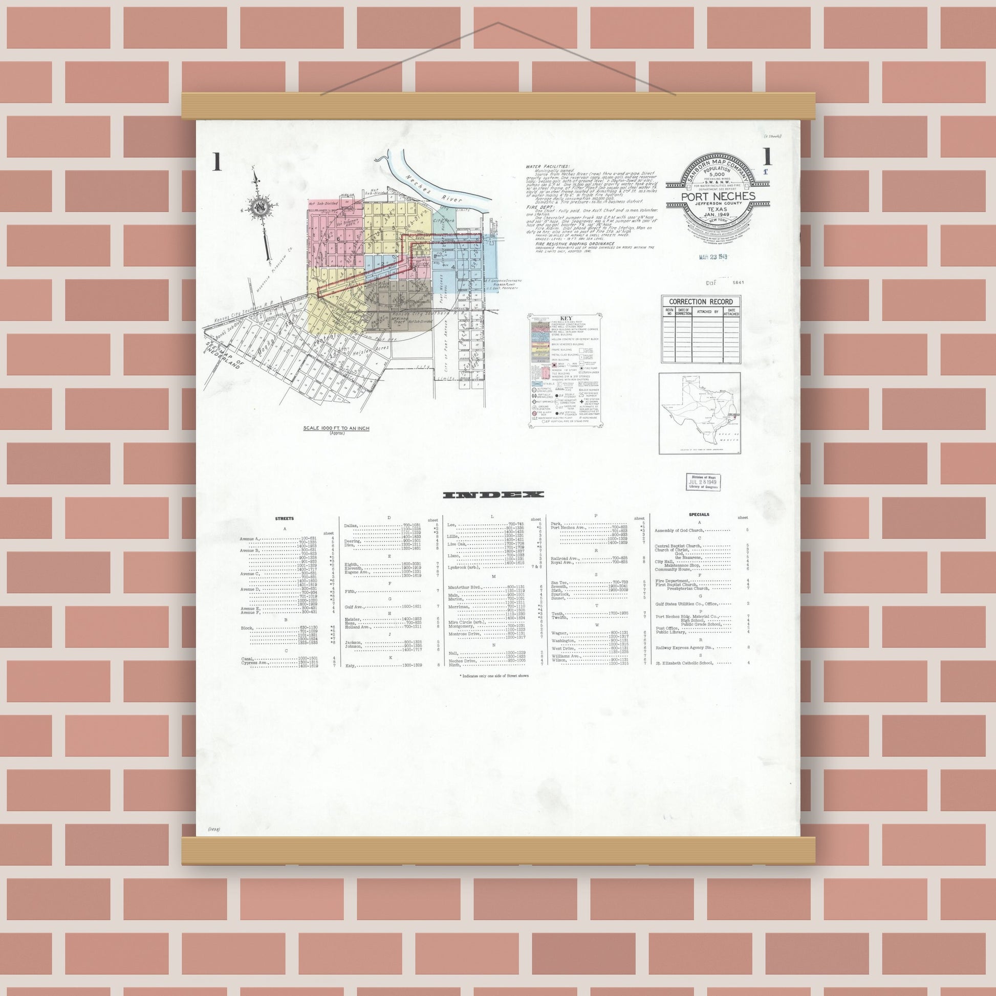 Old map wall art mockup — magnetic wood frame on brick wall — Sanborn Fire Insurance Map from Port Neches, Jefferson County, Texas (1949), Sheet #0001