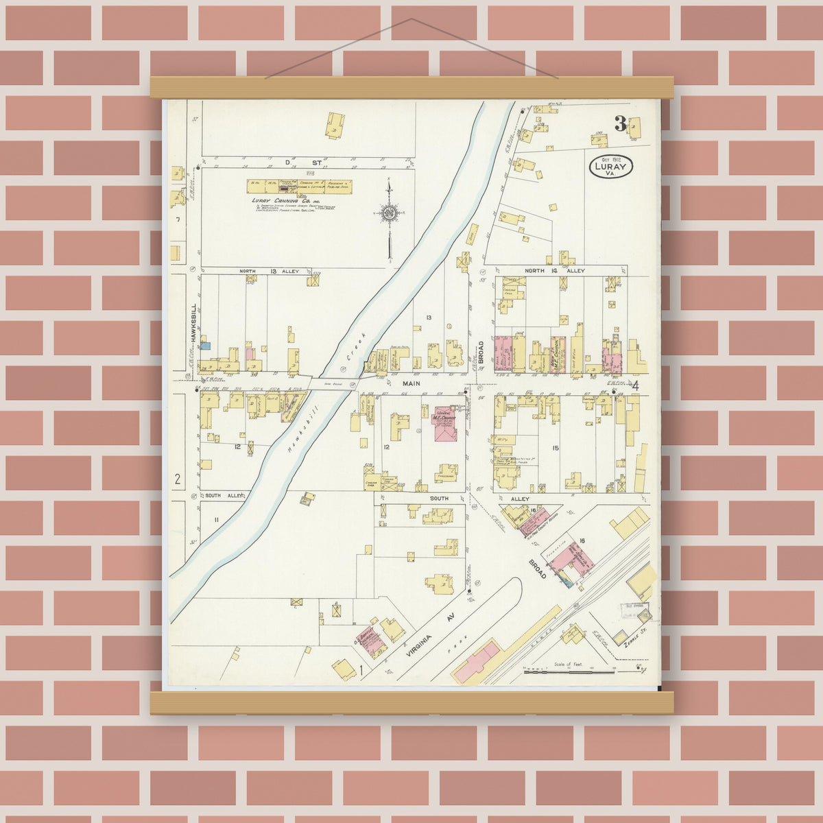 Old map wall art mockup — magnetic wood frame on brick wall — Sanborn Fire Insurance Map from Luray, Page County, Virginia (1912), Sheet #0003