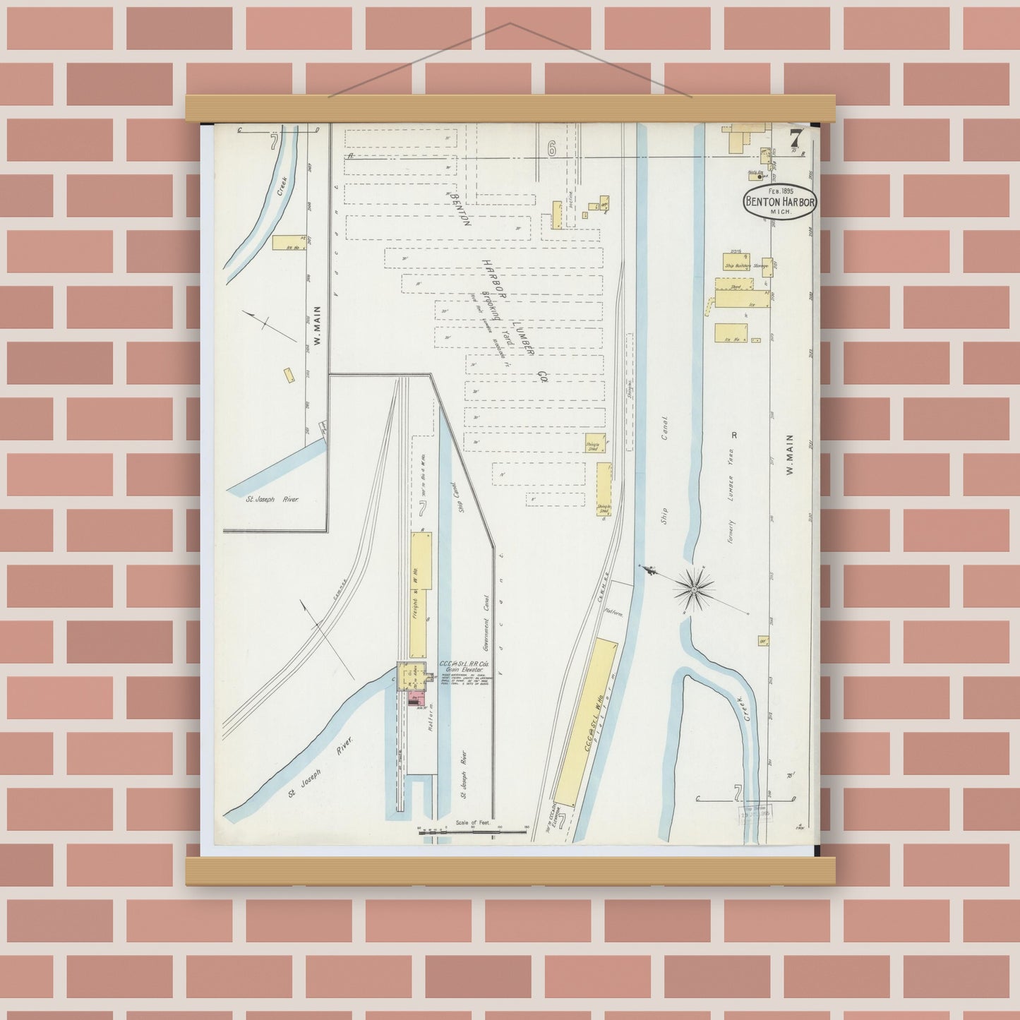 Old map wall art mockup — magnetic wood frame on brick wall — Sanborn Fire Insurance Map from Benton Harbor, Berrien County, Michigan (1895), Sheet #0007