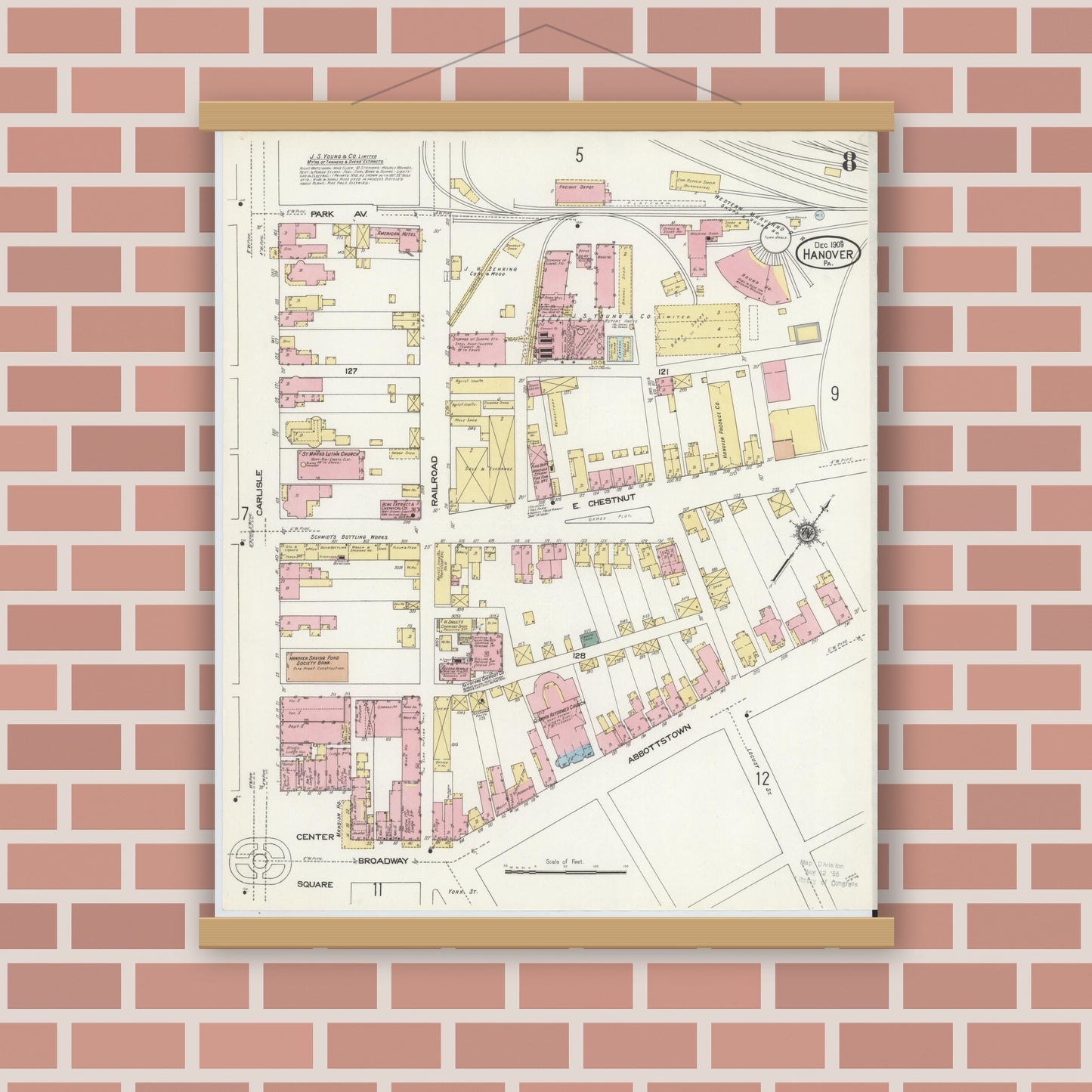 Old map wall art mockup — magnetic wood frame on brick wall — Sanborn Fire Insurance Map from Hanover, York County, Pennsylvania (1909), Sheet #0008