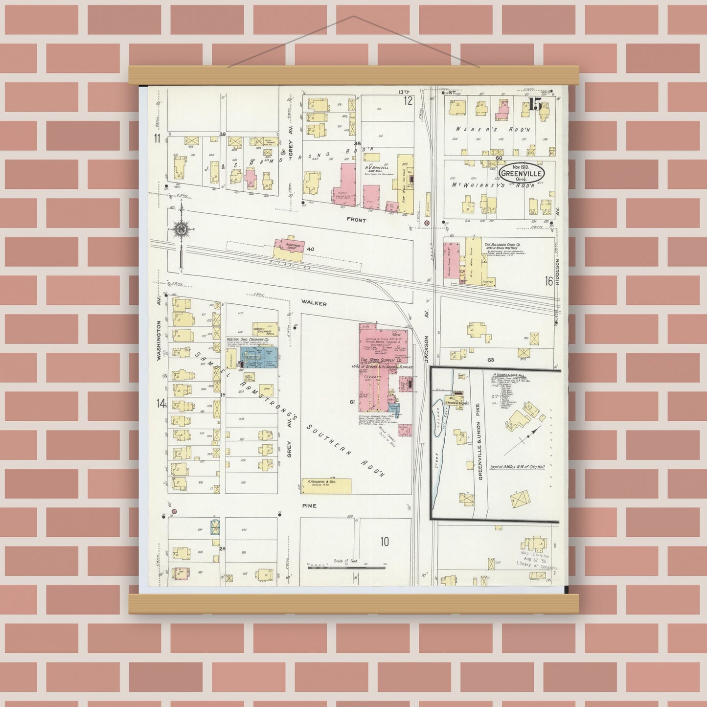 Old map wall art mockup — magnetic wood frame on brick wall — Sanborn Fire Insurance Map from Greenville, Darke County, Ohio (1910), Sheet #0015