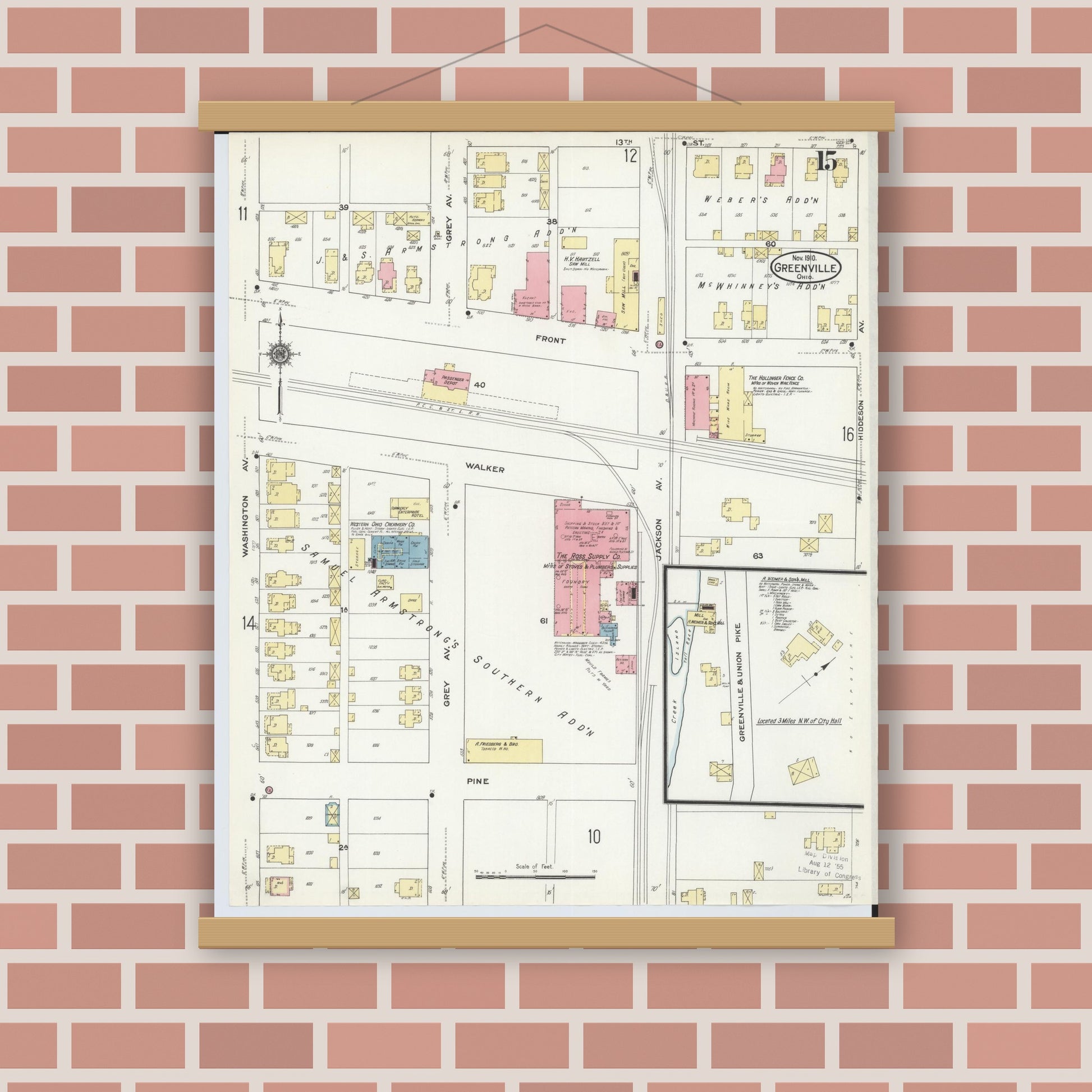 Old map wall art mockup — magnetic wood frame on brick wall — Sanborn Fire Insurance Map from Greenville, Darke County, Ohio (1910), Sheet #0015