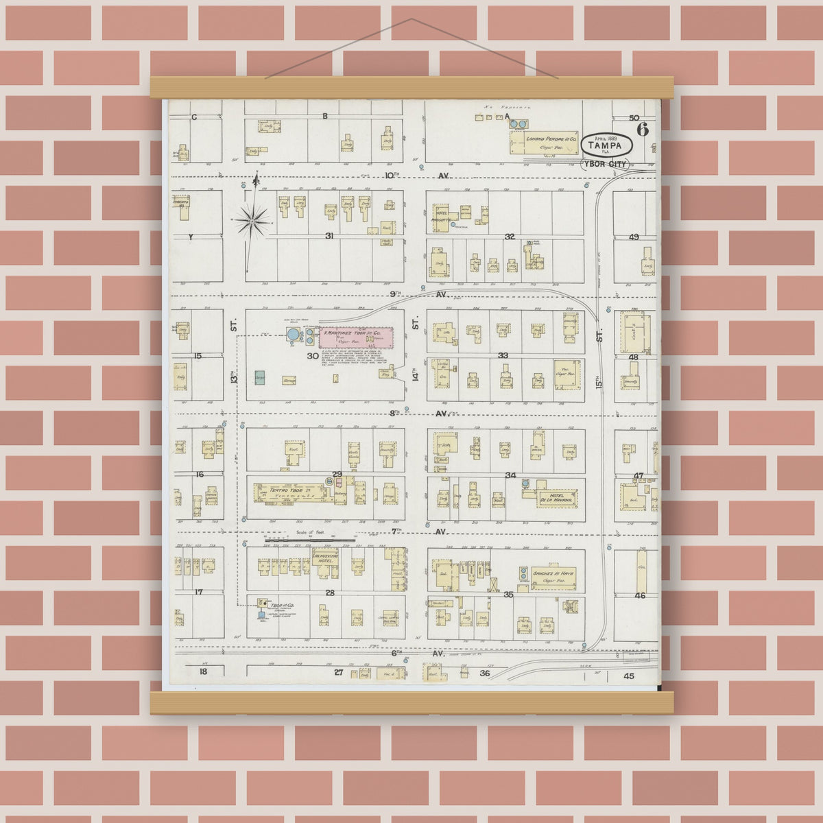 Old map wall art mockup — magnetic wood frame on brick wall — Sanborn Fire Insurance Map from Tampa, Hillsborough County, Florida (1889), Sheet #0006