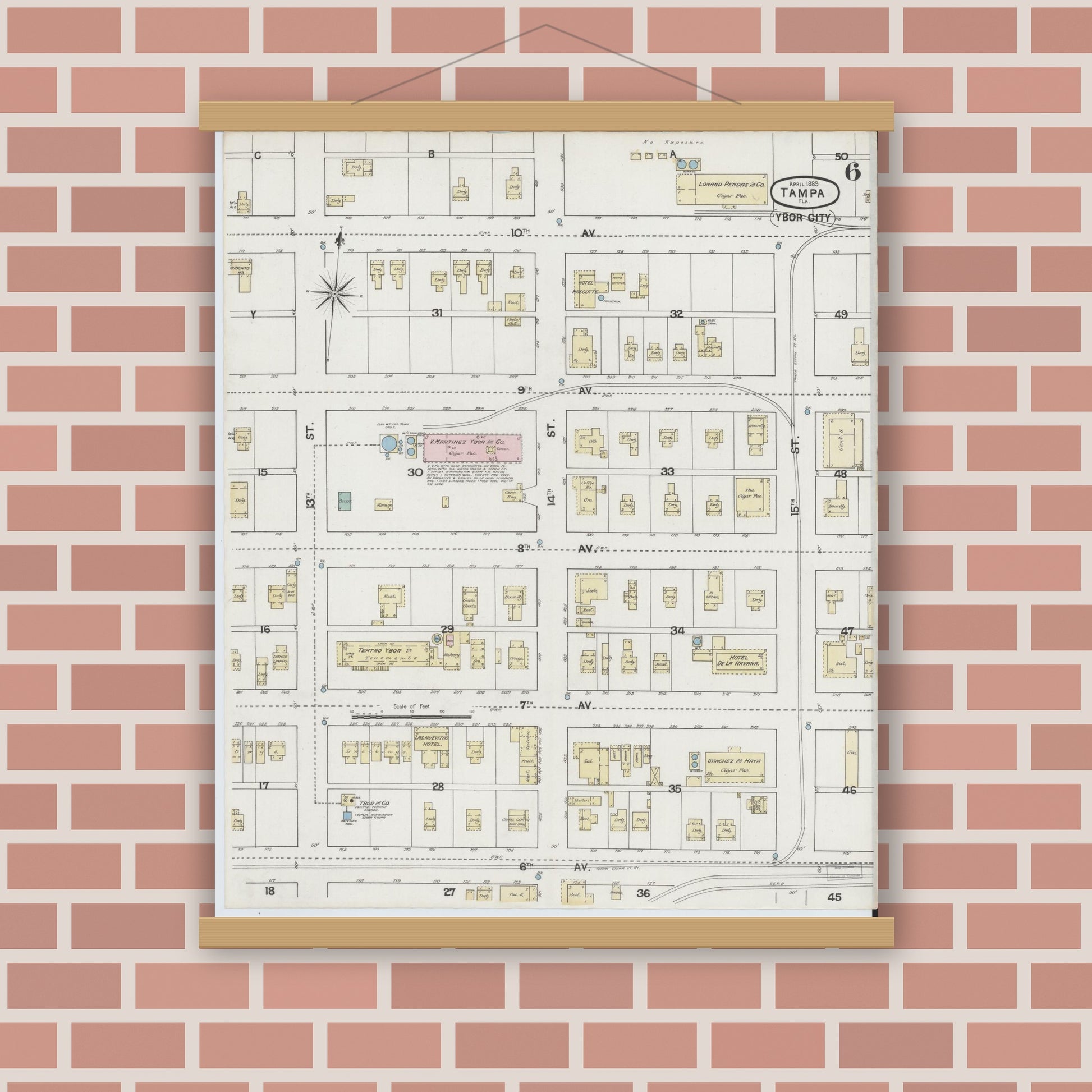 Old map wall art mockup — magnetic wood frame on brick wall — Sanborn Fire Insurance Map from Tampa, Hillsborough County, Florida (1889), Sheet #0006