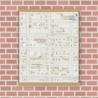 Old map wall art mockup — magnetic wood frame on brick wall — Sanborn Fire Insurance Map from Tampa, Hillsborough County, Florida (1889), Sheet #0006