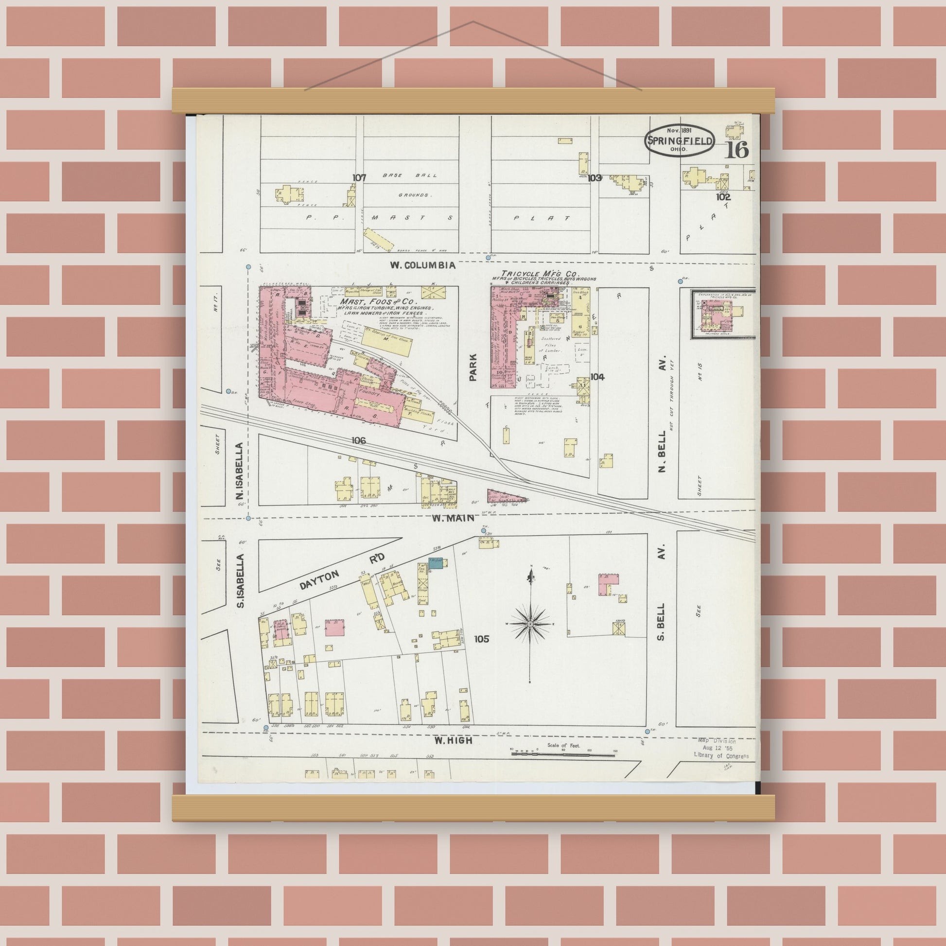 Old map wall art mockup — magnetic wood frame on brick wall — Sanborn Fire Insurance Map from Springfield, Clark County, Ohio (1891), Sheet #0016
