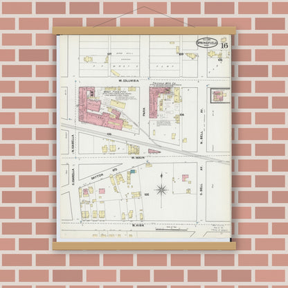 Old map wall art mockup — magnetic wood frame on brick wall — Sanborn Fire Insurance Map from Springfield, Clark County, Ohio (1891), Sheet #0016