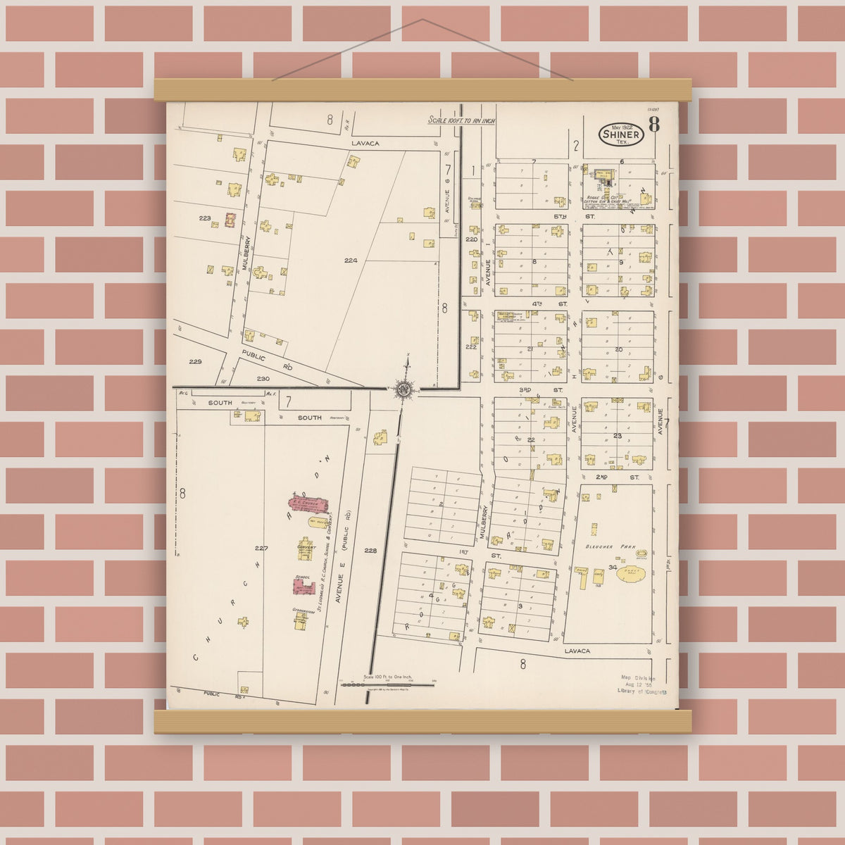 Old map wall art mockup — magnetic wood frame on brick wall — Sanborn Fire Insurance Map from Shiner, Lavaca County, Texas (1922), Sheet #0008