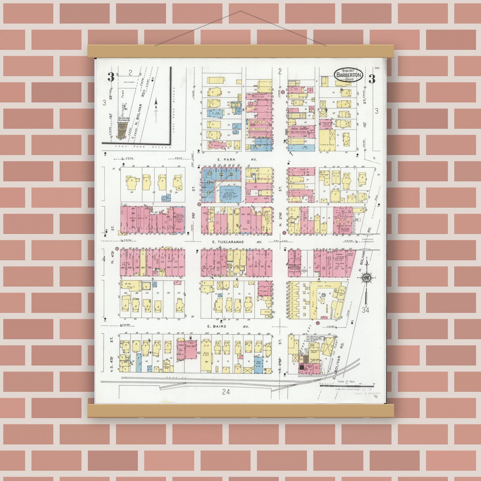 Old map wall art mockup — magnetic wood frame on brick wall — Sanborn Fire Insurance Map from Barberton, Summit County, Ohio (1927), Sheet #0003