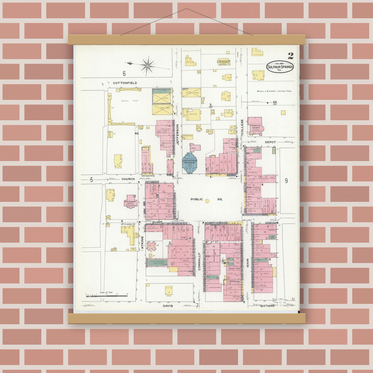 Old map wall art mockup — magnetic wood frame on brick wall — Sanborn Fire Insurance Map from Sulphur Springs, Hopkins County, Texas (1909), Sheet #0002