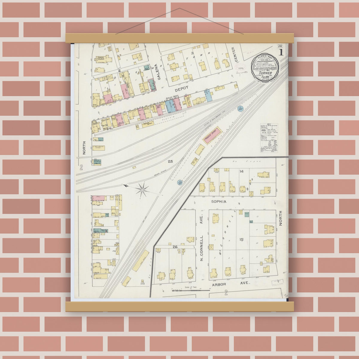 Old map wall art mockup — magnetic wood frame on brick wall — Sanborn Fire Insurance Map from Turner, Du Page County, Illinois (1893) - Complete Map Set
