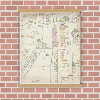 Old map wall art mockup — magnetic wood frame on brick wall — Sanborn Fire Insurance Map from Portland, Ionia County, Michigan (1886) - Complete Map Set