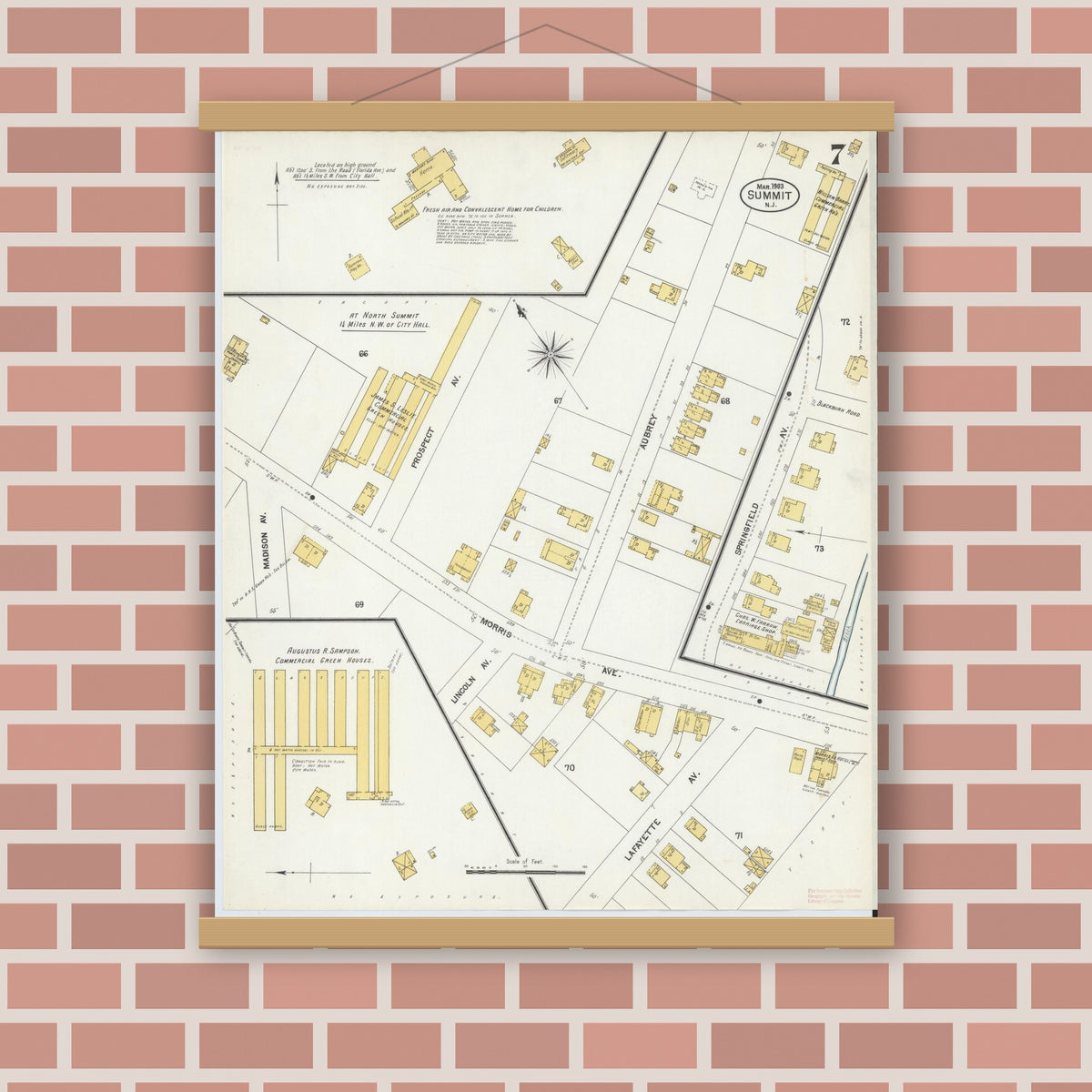 Old map wall art mockup — magnetic wood frame on brick wall — Sanborn Fire Insurance Map from Summit, Union County, New Jersey (1903), Sheet #0007