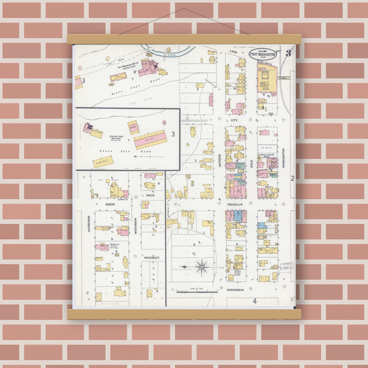 Old map wall art mockup — magnetic wood frame on brick wall — Sanborn Fire Insurance Map from Port Washington, Ozaukee County, Wisconsin (1904), Sheet #0003