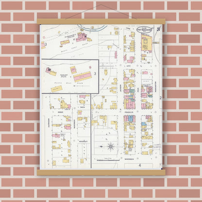 Old map wall art mockup — magnetic wood frame on brick wall — Sanborn Fire Insurance Map from Port Washington, Ozaukee County, Wisconsin (1904), Sheet #0003