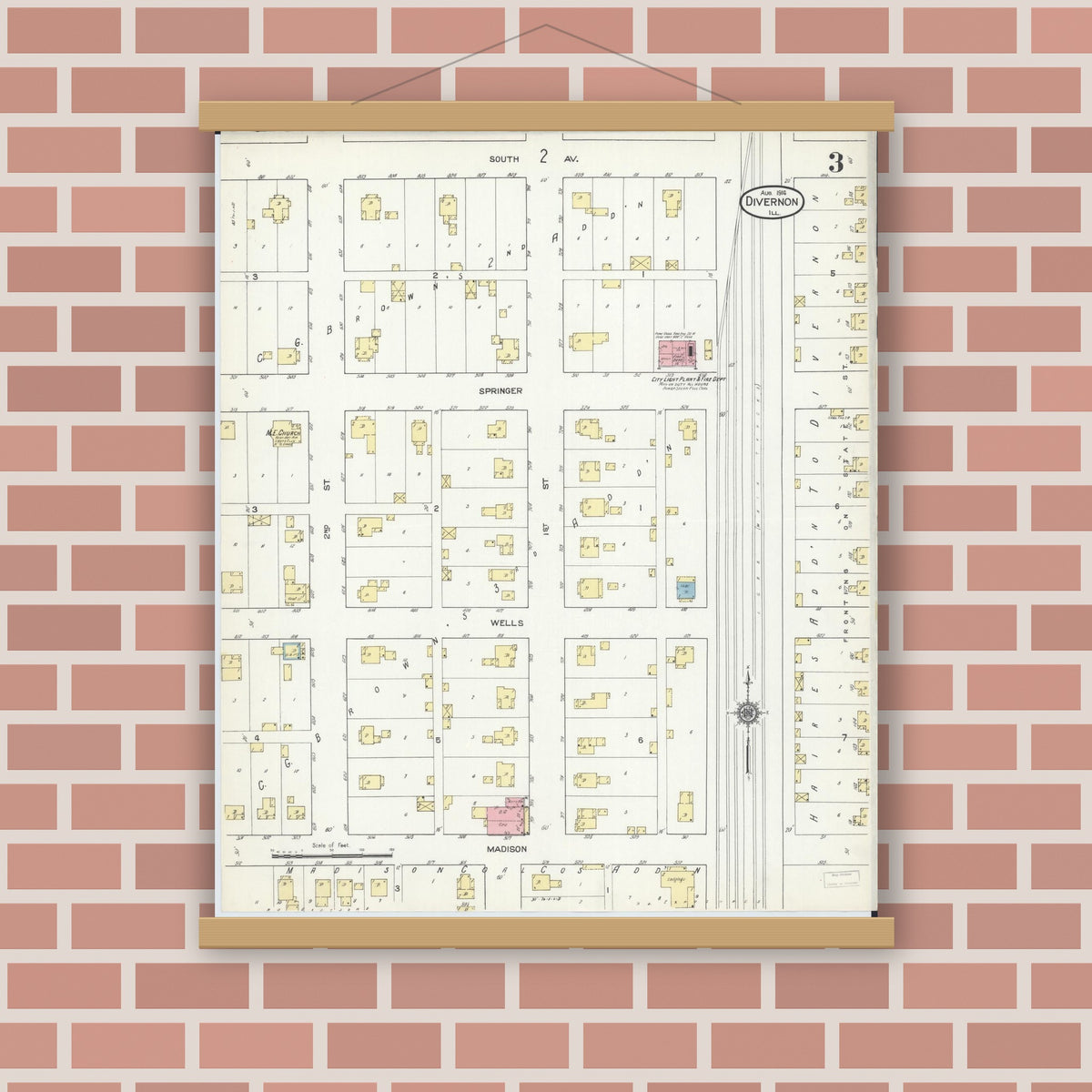 Old map wall art mockup — magnetic wood frame on brick wall — Sanborn Fire Insurance Map from Divernon, Sangamon County, Illinois (1914), Sheet #0003