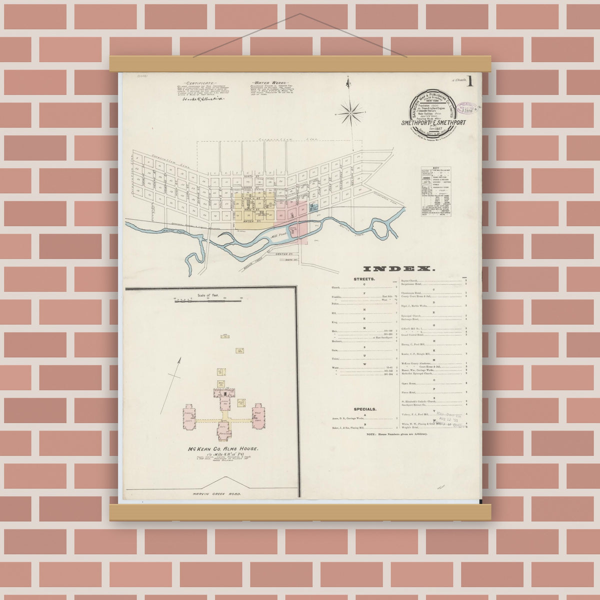 Old map wall art mockup — magnetic wood frame on brick wall — Sanborn Fire Insurance Map from Smethport, McKean County, Pennsylvania (1887) - Complete Map Set