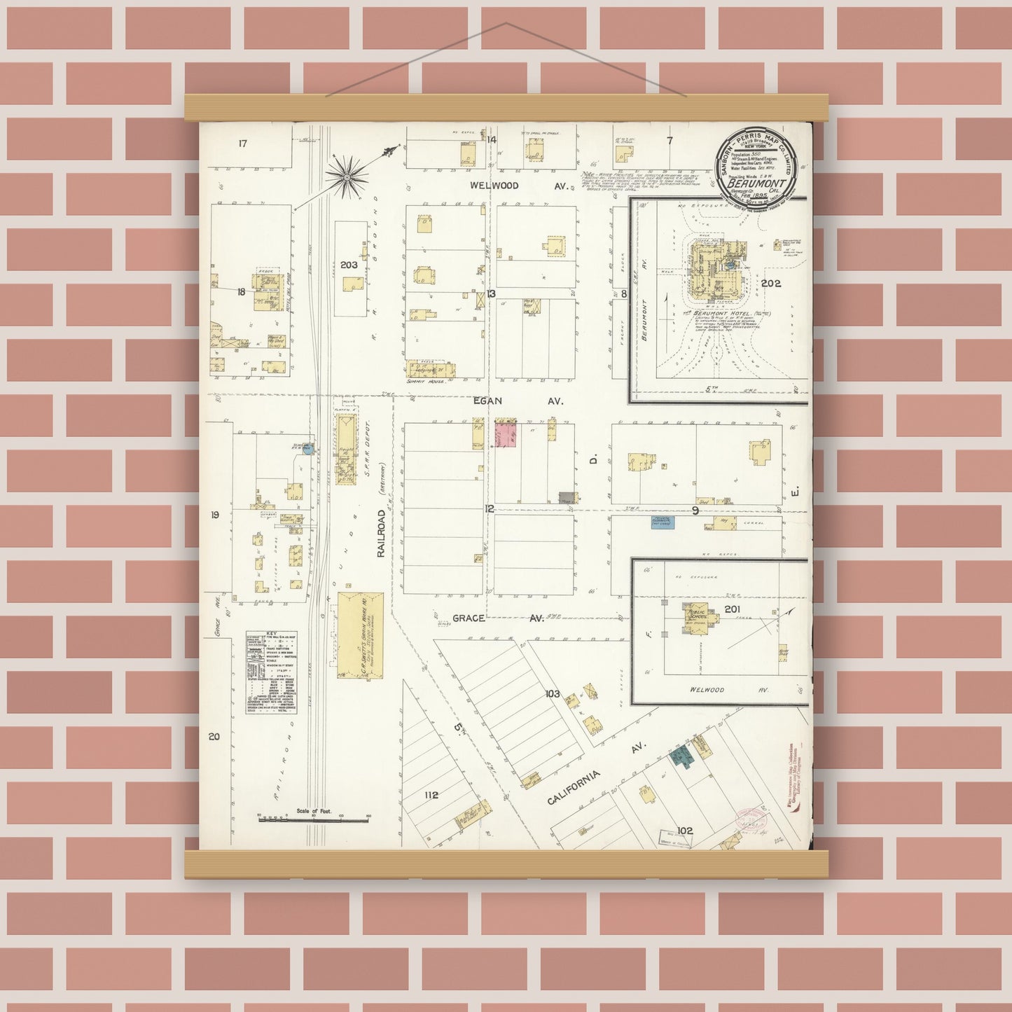 Old map wall art mockup — magnetic wood frame on brick wall — Sanborn Fire Insurance Map from Beaumont, Riverside County, California (1895), Sheet #0001