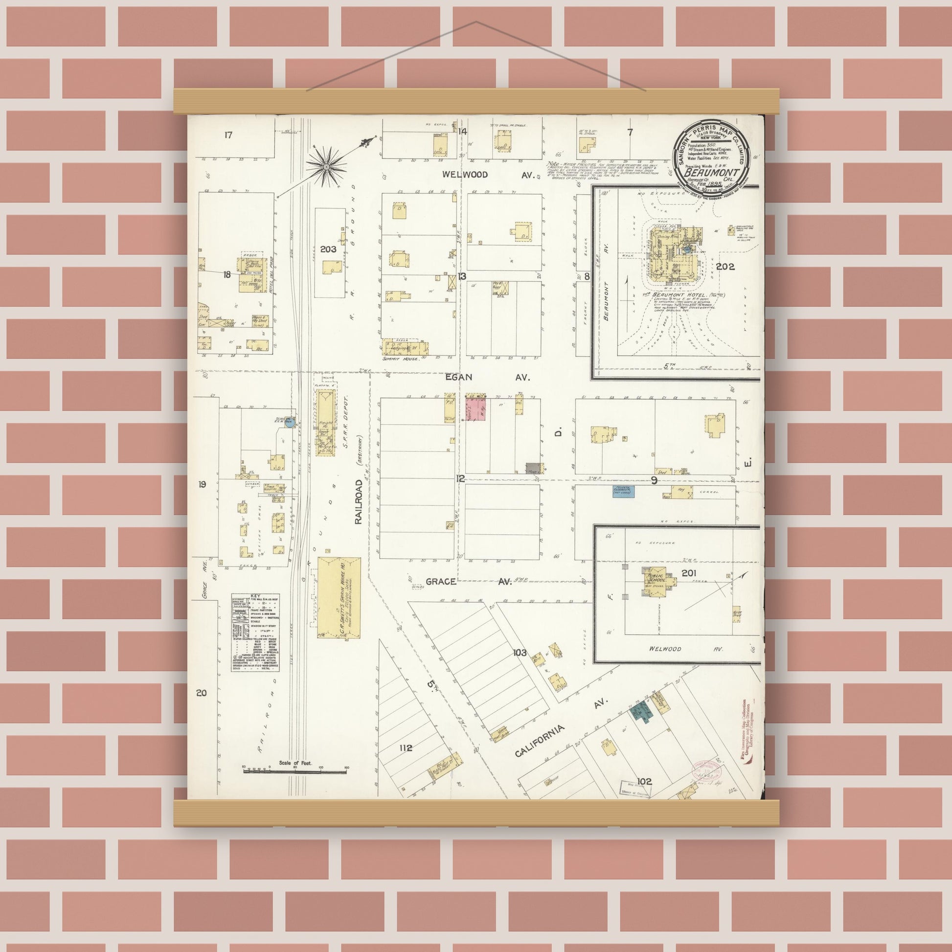Old map wall art mockup — magnetic wood frame on brick wall — Sanborn Fire Insurance Map from Beaumont, Riverside County, California (1895), Sheet #0001