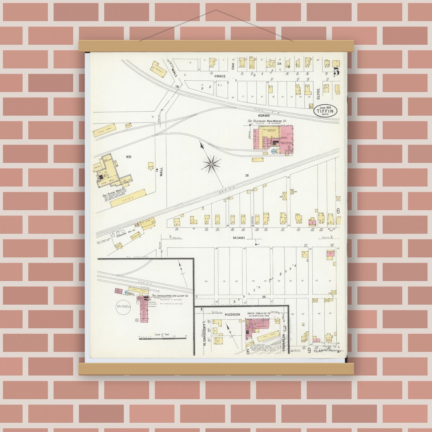 Old map wall art mockup — magnetic wood frame on brick wall — Sanborn Fire Insurance Map from Tiffin, Seneca County, Ohio (1908), Sheet #0005